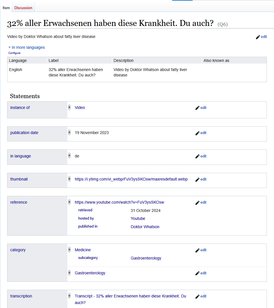 Screenshot eines Wikibase-Items mit Statements, Kategorien und vollständiger Bearbeitungshistorie